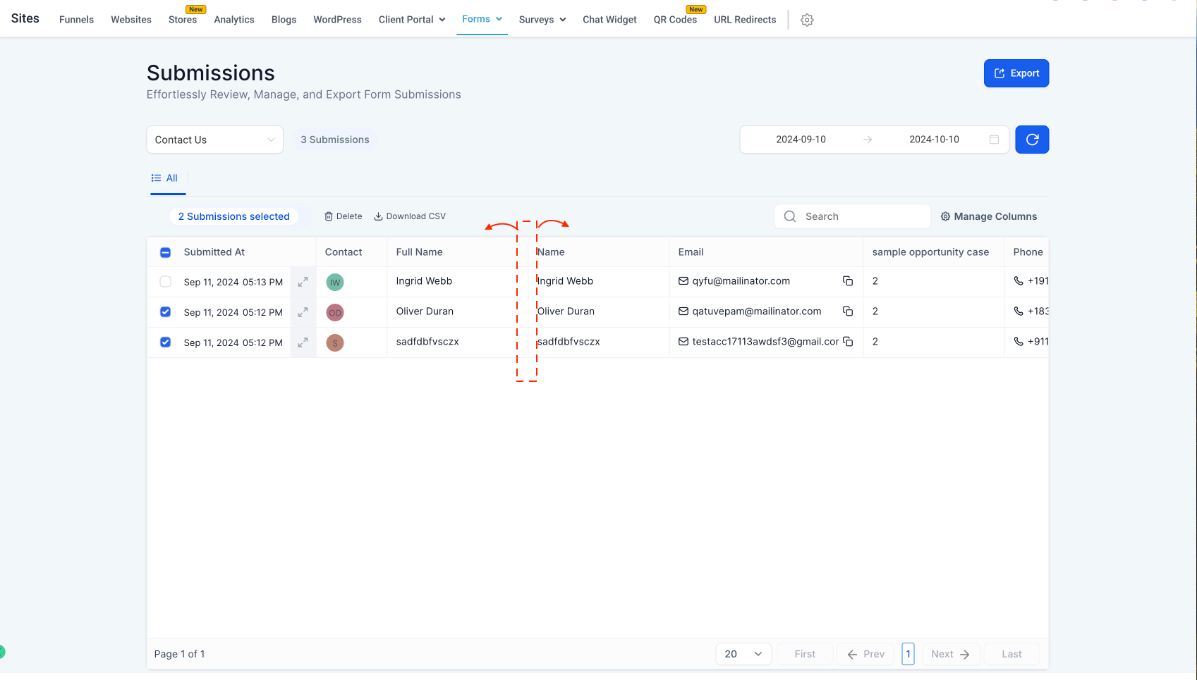 Export button in the submissions table for downloading all form submissions as CSV