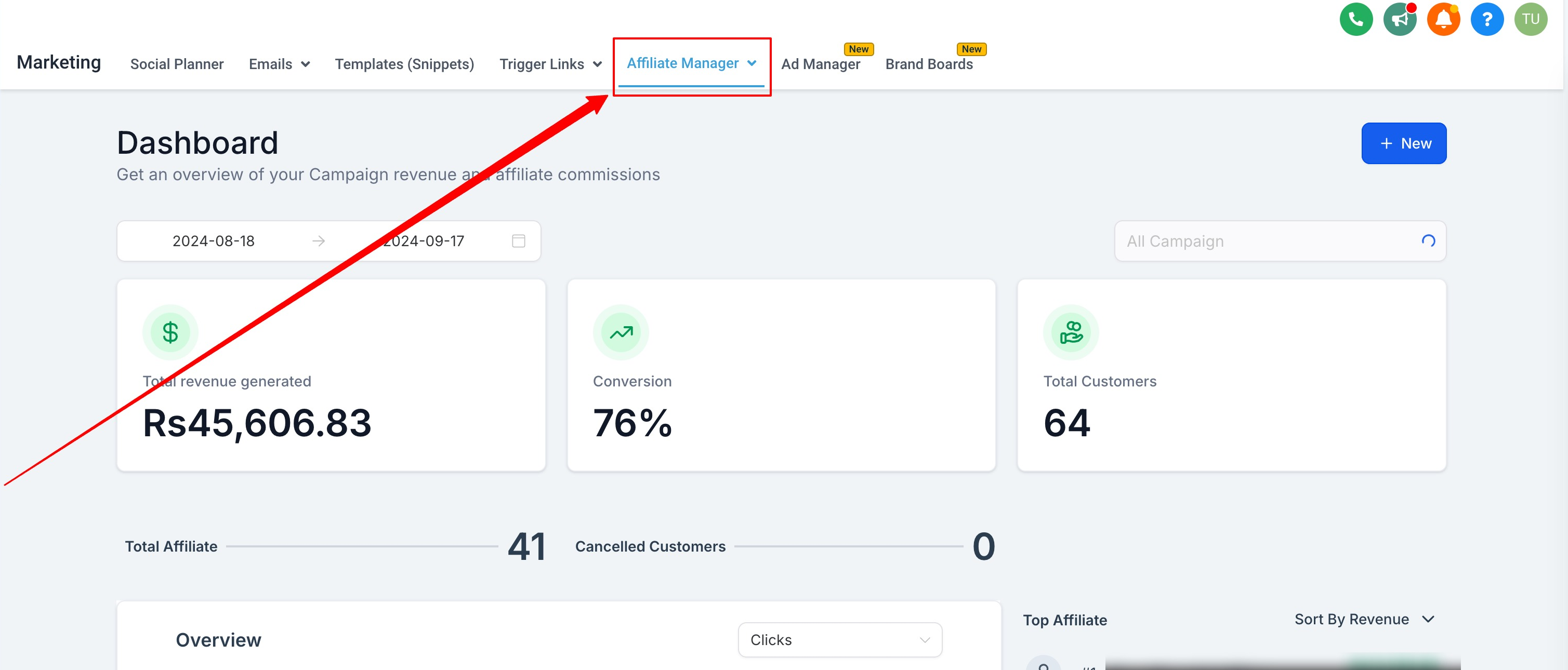 Affiliate payout and commission management screen