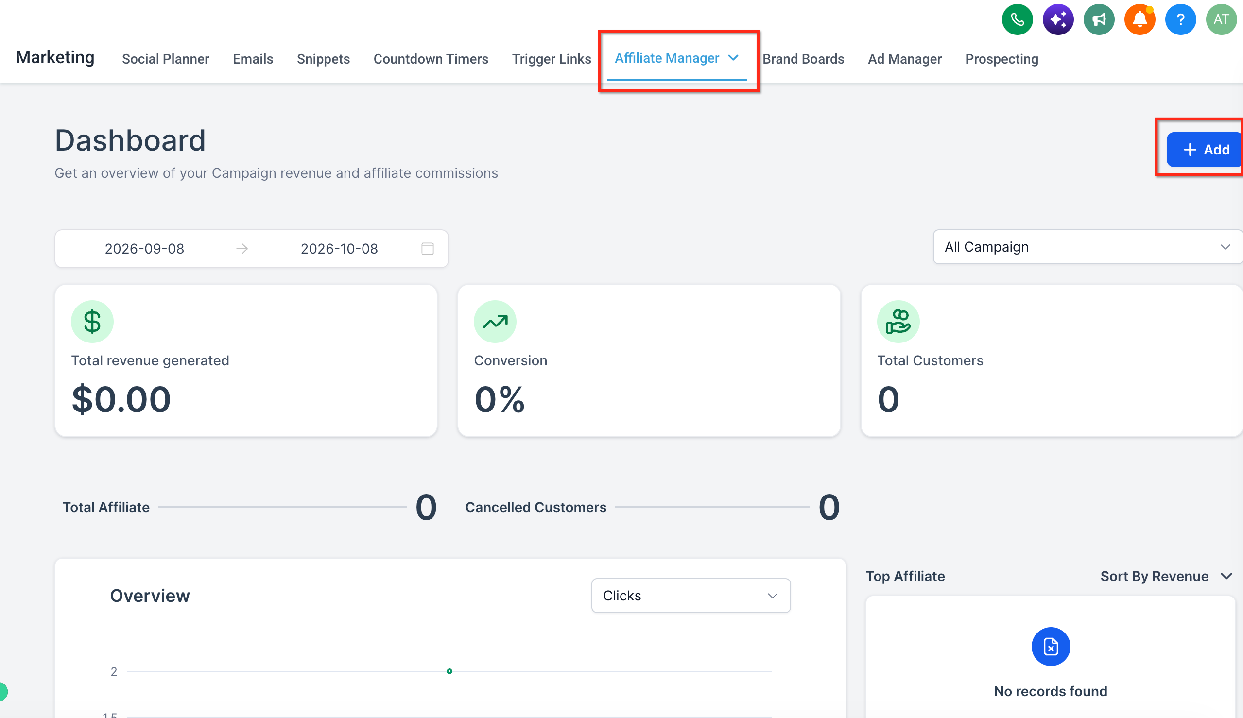 Affiliate campaigns list with the Add button highlighted