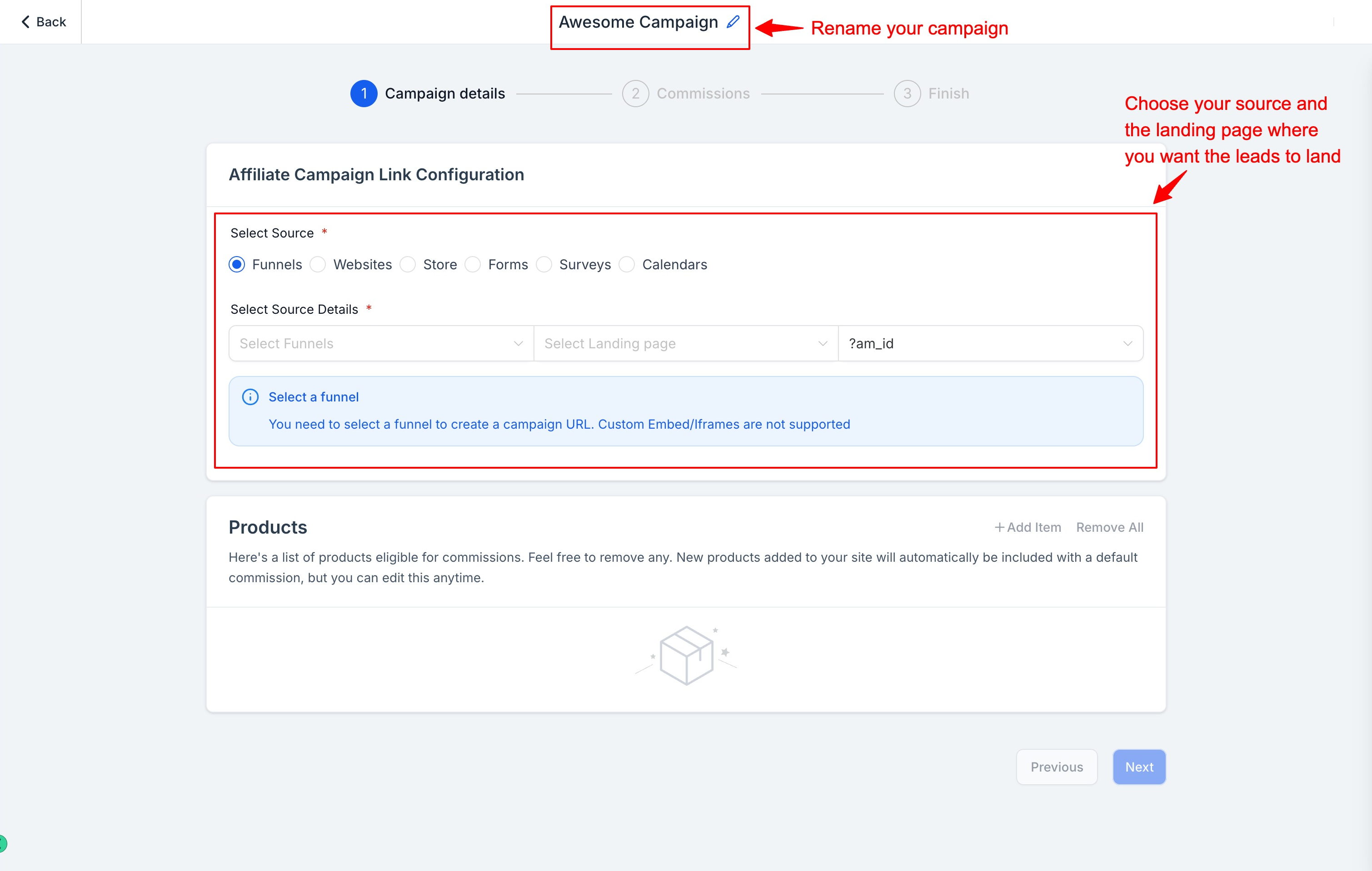 Campaign source selection screen with funnel, website, and course options