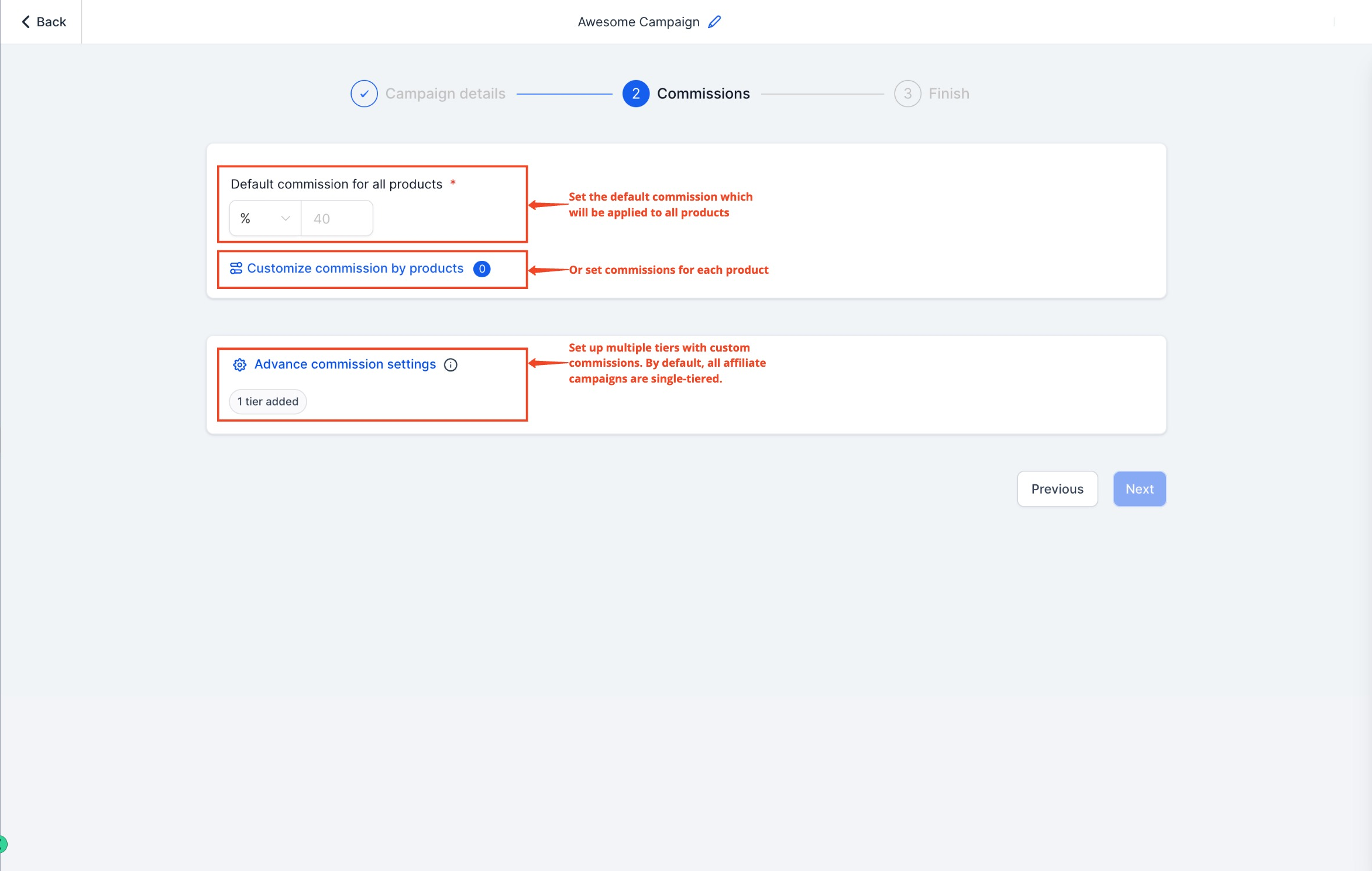 Default commission settings with type, amount, and cookie duration fields