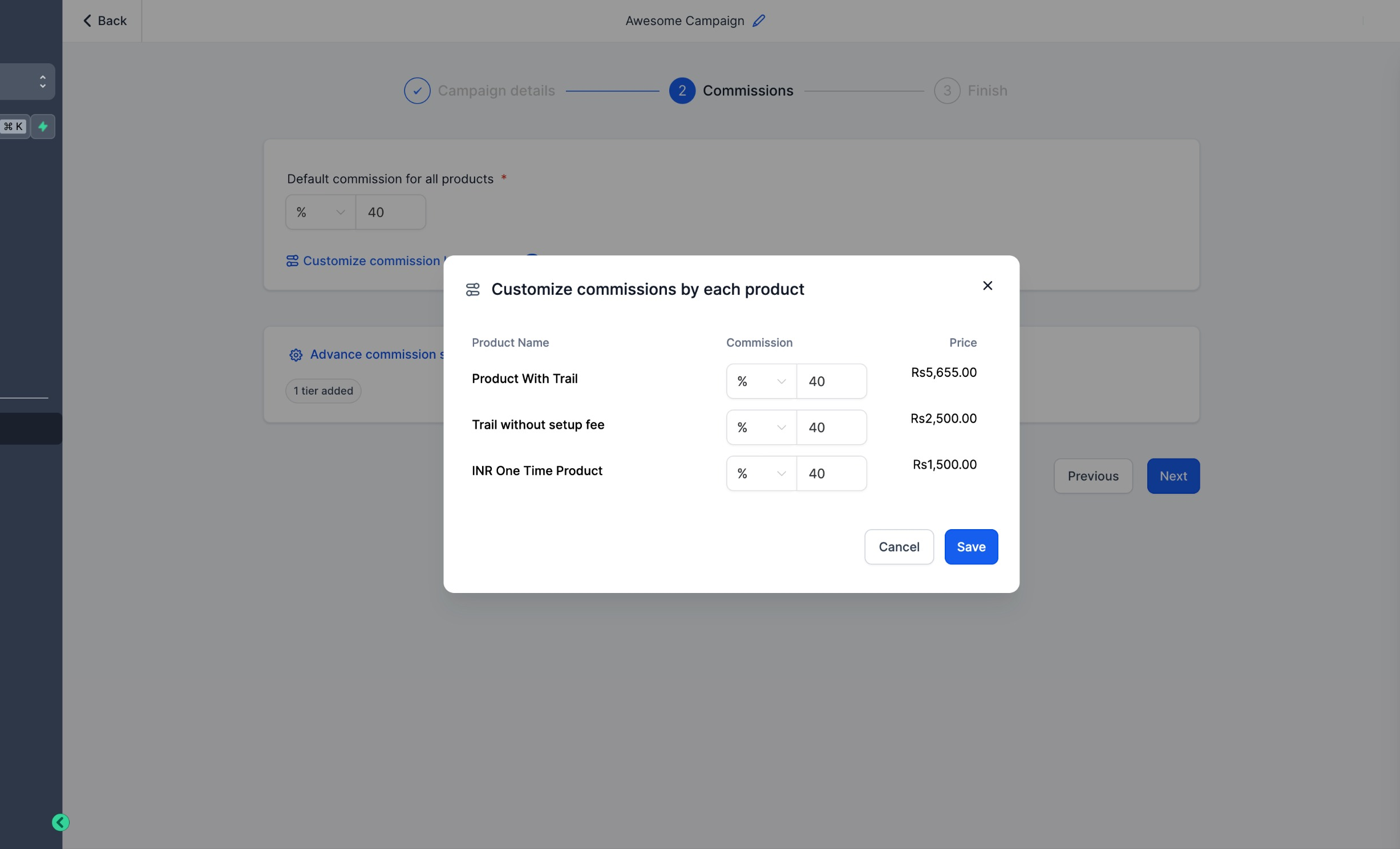 Product-level commission override settings