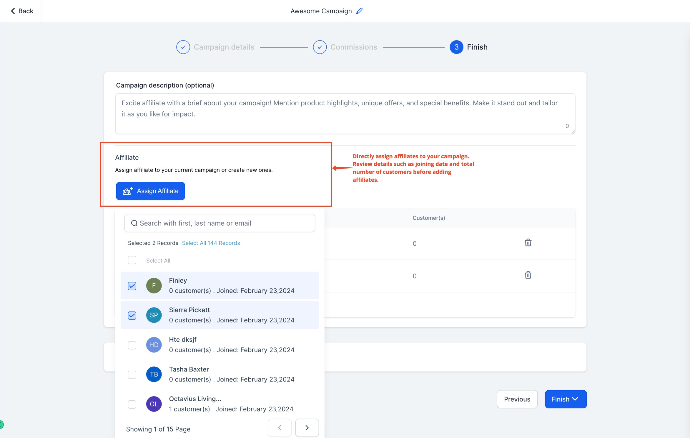 Affiliate assignment panel with search and add functionality
