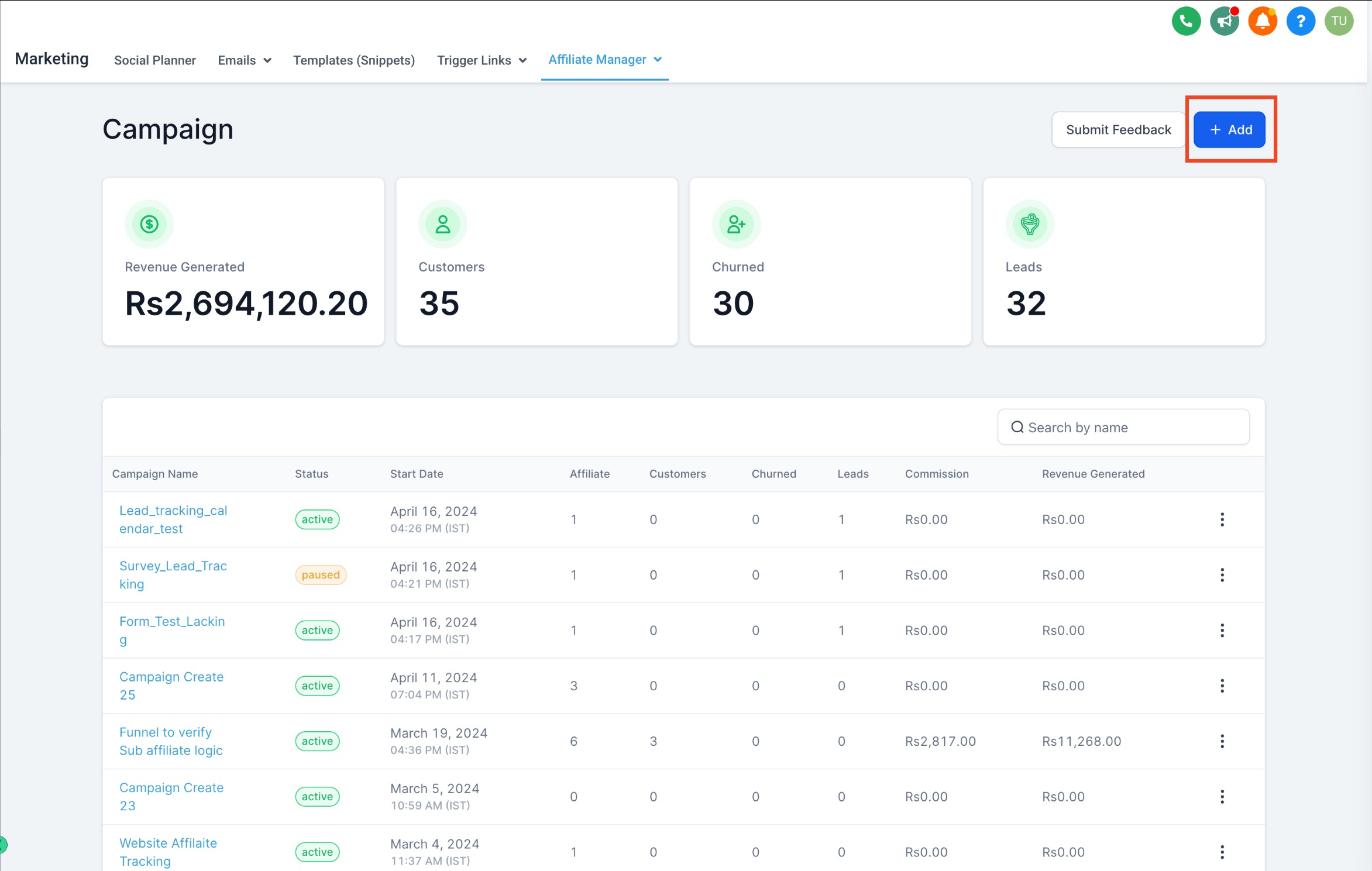 Affiliate Manager Campaigns page in the navigation menu