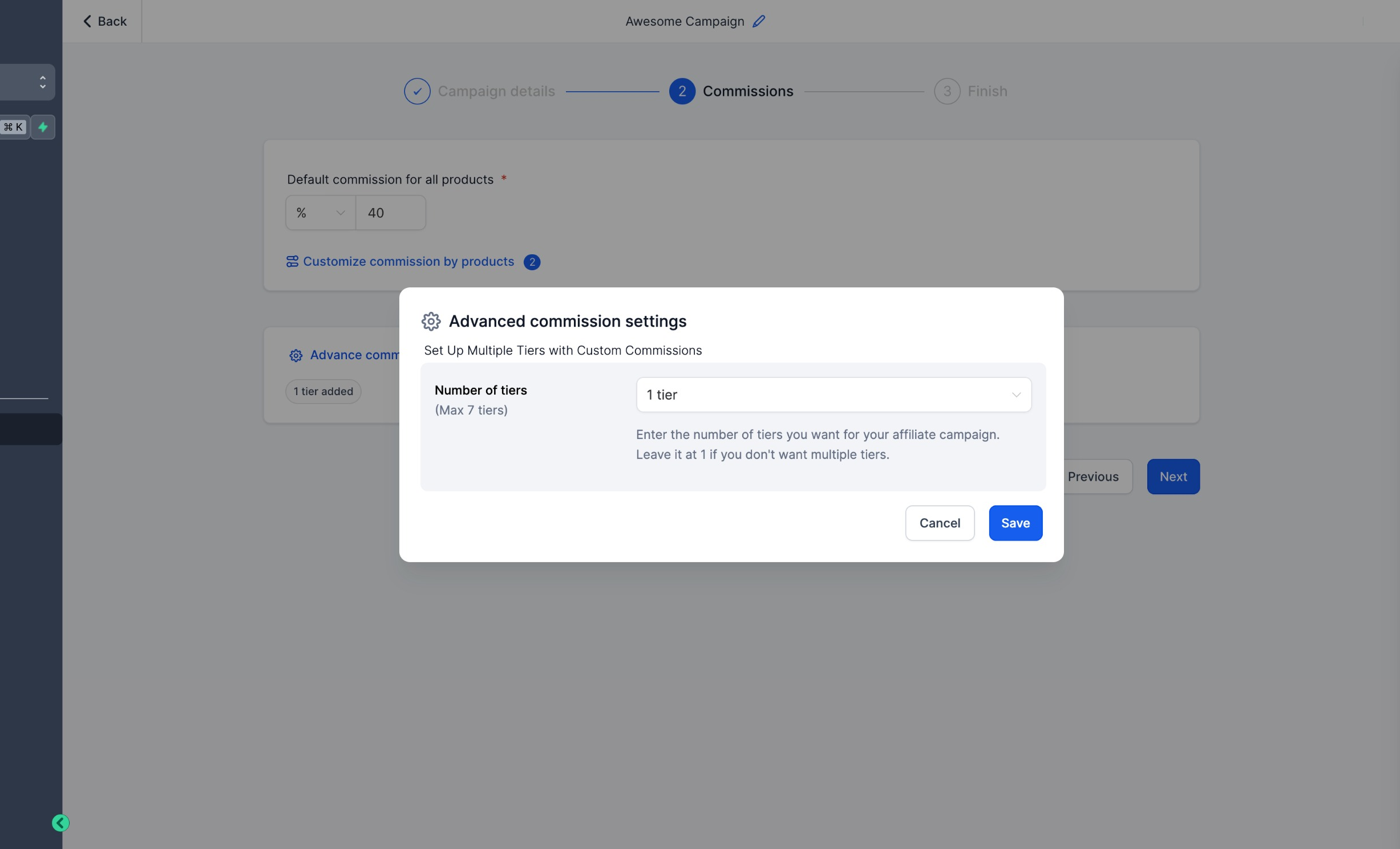 Multi-tier commission toggle in campaign settings
