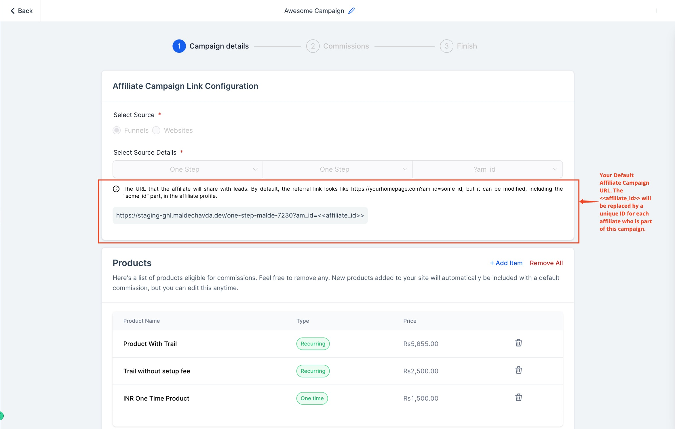 Source detail configuration with specific funnel or page selected