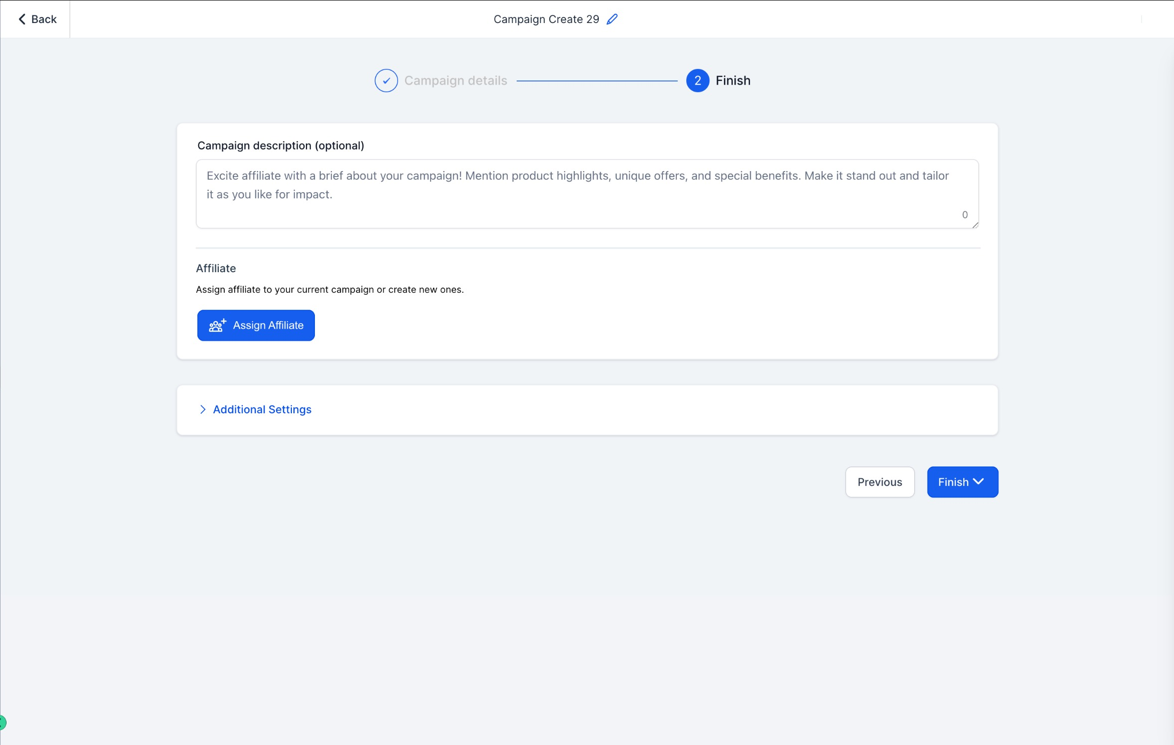 Pay per lead toggle and commission amount field in campaign settings