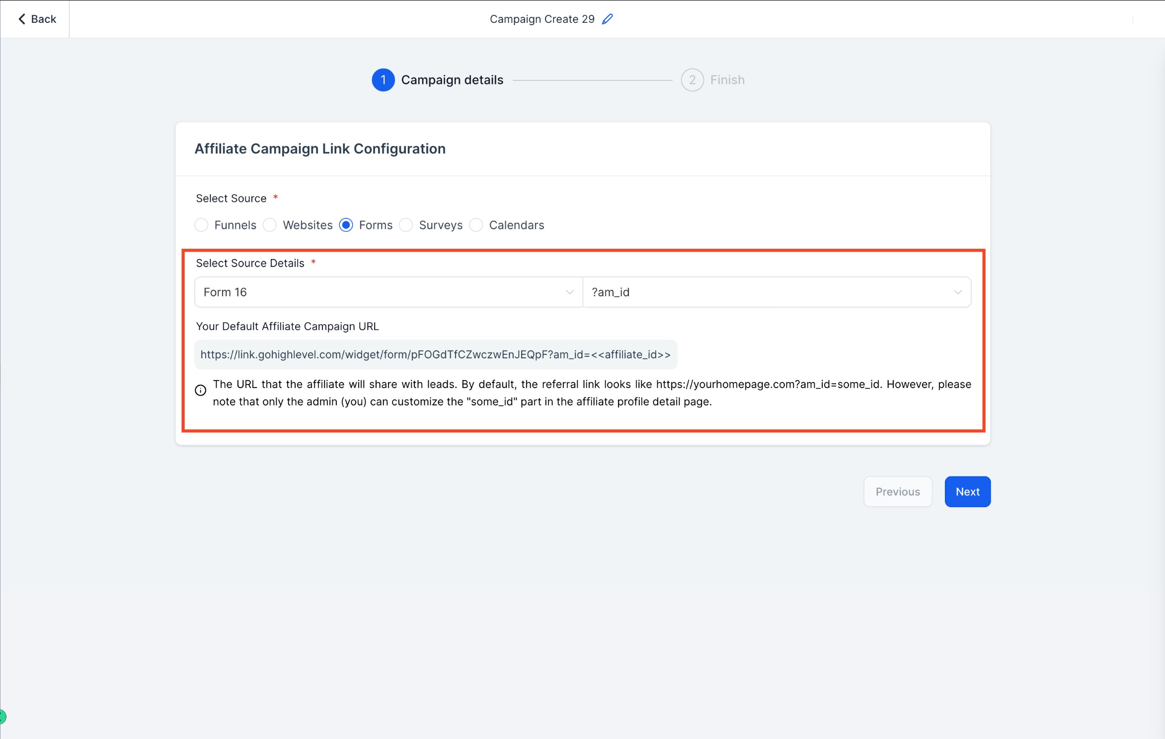 Source detail selection showing specific form or calendar chosen