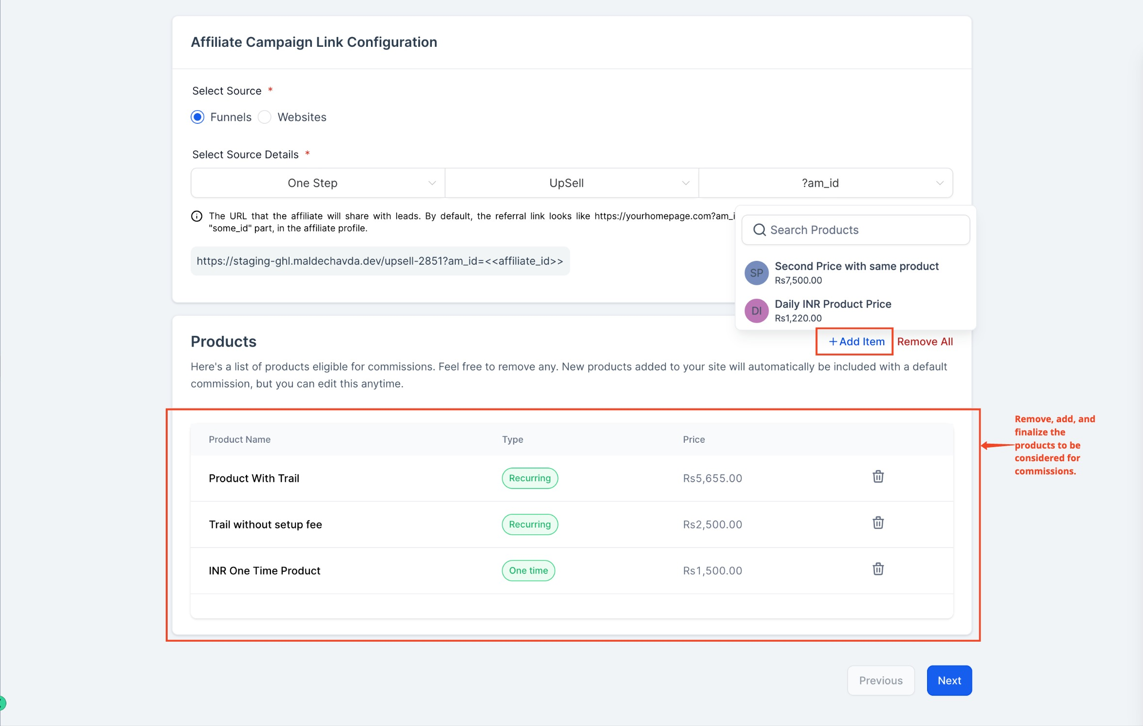 Product list associated with the selected campaign source