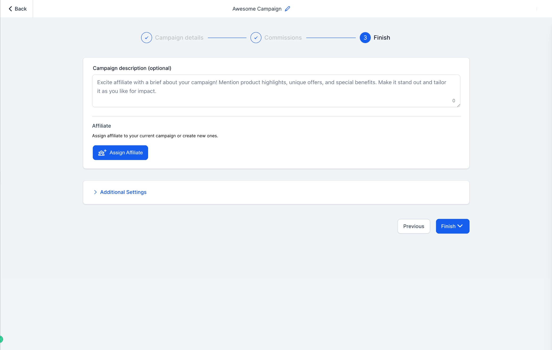 Campaign description text field for affiliate-facing information