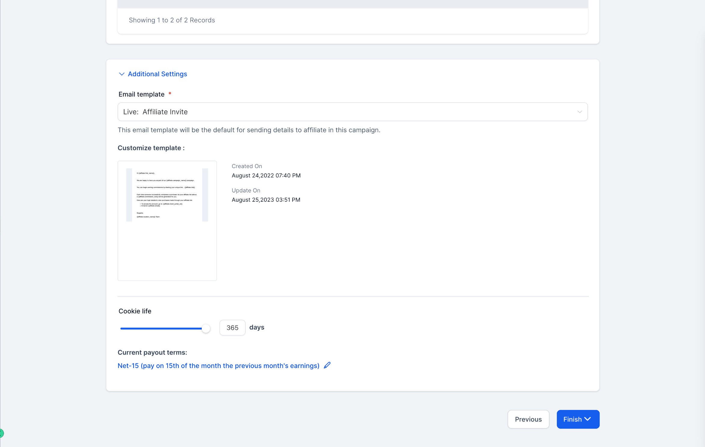 Additional campaign settings panel with payout and visibility options