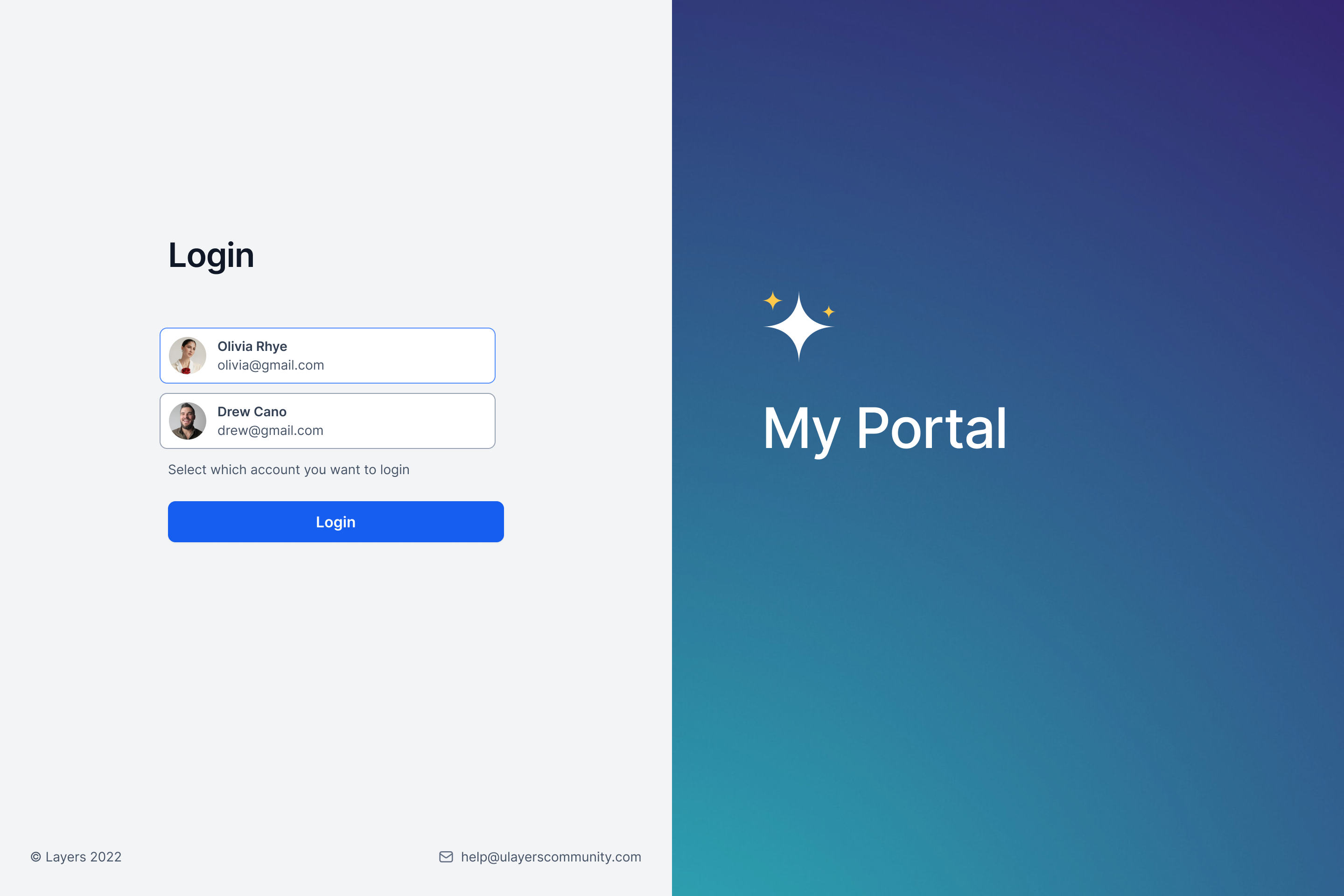 Account selection screen when a client email is linked to multiple accounts